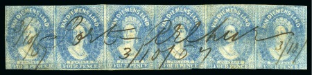 Stamp of Australia » Tasmania 1857-67 Wmk Numerals 4d pale blue strip of six with complete "Port Arthur / 3/10/67" manuscript cancel