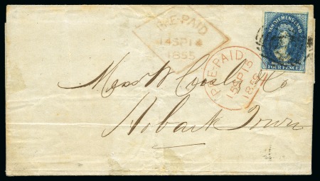 Stamp of Australia » Tasmania 1855 (Sep 14) Wrapper from Launceston to Hobart with 1855 4d blue, very early use