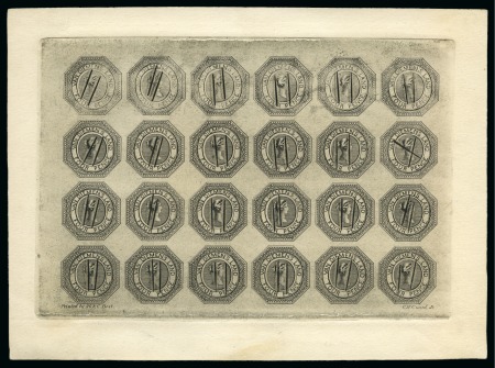 Stamp of Australia » Tasmania 1853 Courier reprint/forgeries group incl. 4d pl.I reprint of the complete sheet in black from the defaced plate taken in 1889