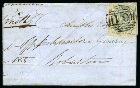 Stamp of Australia » Tasmania 1855 (Jun) Large part entire to Postmaster General in Hobarton with 1853 Courier 1d pos.19 with good to huge margins showing almost complete printers imprint