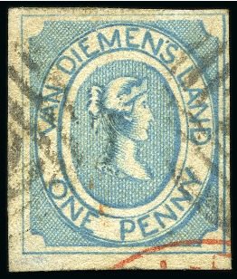 Stamp of Australia » Tasmania 1853 Courier 1d blue, pos.17, with fine to large margins neatly cancelled by two partial obliterators and small part red cds 