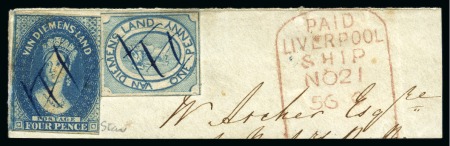 Stamp of Australia » Tasmania 1853 Courier 1d blue with outer frameline just cut into at left and top, on piece in combination with 1855 wmk Star 4d