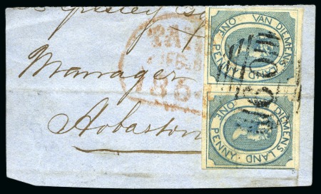 Stamp of Australia » Tasmania 1853 Courier 1d blue pair, just touched at left, cancelled by "60" numeral and tied to piece by Hobart semi-circular ds