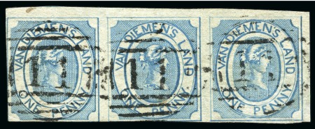 Stamp of Australia » Tasmania 1853 Courier 1d blue strip of three, just cut into at lower left, large margins at top, neatly cancelled by "11" numerals of Avoc