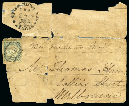 Stamp of Australia » New South Wales 1850 2d Later Impression greyish blue, large to huge margins, on front with part backflap sent to THOMAS HAM in Melbourne, printer of the Victoria Half Length