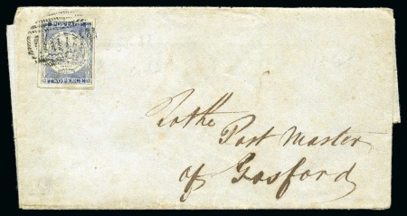 Stamp of Australia » New South Wales 1850 Sydney Views 2d ultramarine plate IV, good to very large margins, tied by light barred oval obliterator to 1851 (Jan 17) entire