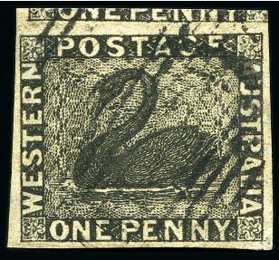 Stamp of Australia » Western Australia 1854 1d Black with good to huge margins (showing portion of neighbour at top), used