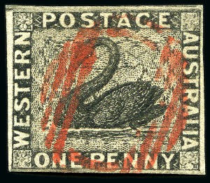Stamp of Australia » Western Australia 1854 1d Black with fine to good margins, neat red void barred oval