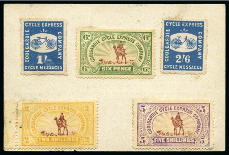Stamp of Australia » Western Australia Coolgardie Cycle Express: 1895-96: James Healy first issue 1s and 2s6d blue and the second issue bicoloured set of three, applied to reverse of James A. Healy advertising card