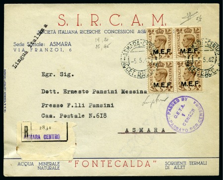 Stamp of British Occupation of Italian Colonies ERITREA: 1942 (May 5) Commercial envelope sent registered within Asmara with 1942 5d brown (type M" ovpt) block of four tied by registered Asmara Central cds 