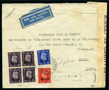Stamp of British Occupation of Italian Colonies ERITREA: 1942 (July 5) Envelope sent to Egypt with 1942 1d and 3d block of four from the Cairo printing and 2 1/2d from the Nairobi printing