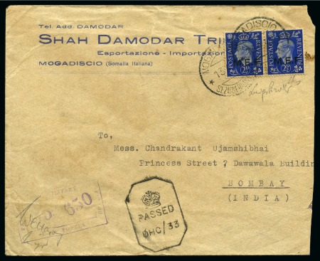 Stamp of British Occupation of Italian Colonies SOMALIA: 1942 (Apr 13) Commerical cover to India with 2 1/2d pair (Cairo printing) tied by Mogadishu cds, sent on the FIRST DAY OF ISSUE