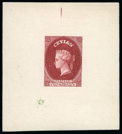 Stamp of Large Lots and Collections Ceylon: 1857-1949, Collection of stamps and proofs on 5 pages incl. 1857 Perkins Bacon reprint die proof with ornaments instead of value