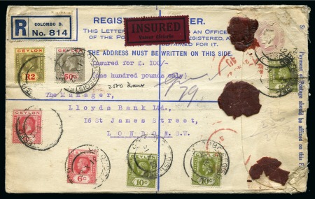 Stamp of Large Lots and Collections Ceylon: 1910s-1930s, Collection of KGV postal history incl. 35 to foreign destinations, 62 postal stationery cards and envelopes and 55 registered 