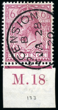 Stamp of Ascension » Great Britain Used in Ascension 1912-22 GB 6d purple lower marginal single with M.18 control single cancelled to order