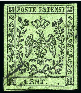 Stamp of Italian States » Modena 1855, 5 c. verde oliva, senza la cifra "5",