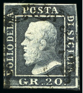 Stamp of Italian States » Sicily 1859, 20 gr. ardesia scuro, ben marginato