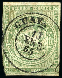 Stamp of Ecuador 1865, 1r green, mostly clear to good margins, chowing