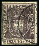 Stamp of Italian States » Tuscany 1860, 1 c. violetto bruno, margini bianchi di cui due