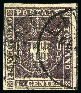 Stamp of Italian States » Tuscany 1860, 1 c. violetto bruno, margini bianchi di cui due