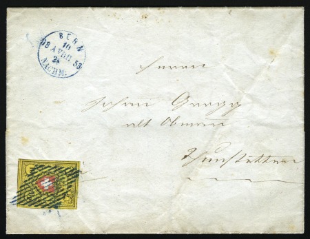 Stamp of Switzerland / Schweiz » Rayonmarken » Rayon II, gelb, ohne Kreuzeinfassung (STEIN D) 10 Rp. gelb Type 2 D LU, auf Brief, sauber gestempelt mit blauer Raute und BERN 10 AVRIL 1853