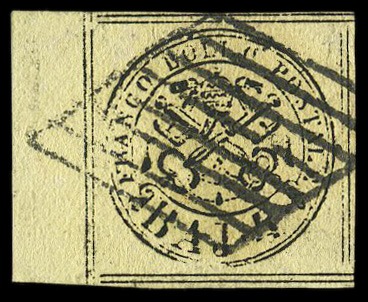 Stamp of Italian States » Papal States 1864, 4 b. giallo, bordo di foglio a sinistra e recante gli otto filetti di separazione, annullato a griglia, esemplare assolutamente eccezionale