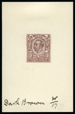Stamp of Great Britain » King George V » 1911-12 Downey Head Issues 1911 3d Engravers sketch die for unissued value, cut down die proof in dark brown mounted on card