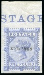 Stamp of Great Britain » 1855-1900 Surface Printed » 1867-83 High Values 1867-83 £1 Imperforate colour trial in blue with "SPECIMEN" type 9 overprint