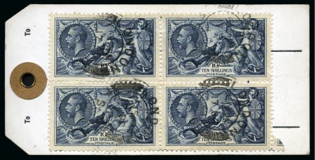Stamp of Great Britain » King George V » 1913-19 Seahorse Issues 1934 Re-Engraved 10s indigo, used block of four on parcel tag