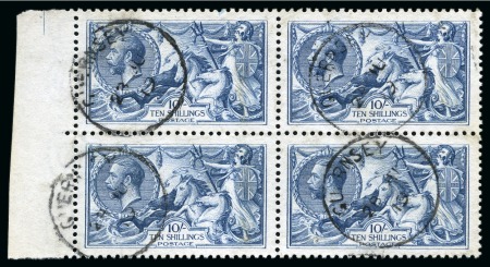 Stamp of Great Britain » King George V » 1913-19 Seahorse Issues 1918-19 Bradbury Wilkinson 10s very dull grey blue, left sheet marginal used block of four