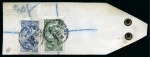 Stamp of Great Britain » King George V » 1913-19 Seahorse Issues 1913 Waterlow £1 green and De La Rue 10s blue, both tied by London cds on reverse of registered parcel label