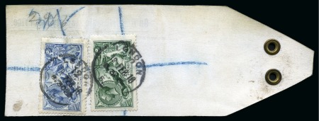 Stamp of Great Britain » King George V » 1913-19 Seahorse Issues 1913 Waterlow £1 green and De La Rue 10s blue, both tied by London cds on reverse of registered parcel label