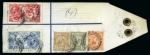 Stamp of Great Britain » King George V » 1913-19 Seahorse Issues 1915 De La Rue 10s blue and 5s, plus three lower values, all tied by London cds on reverse of registered parcel label