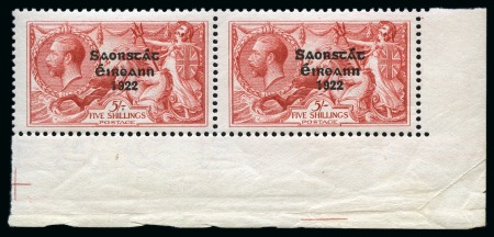 Stamp of Ireland » 1925 Narrow Date Overprints (T66-T68) 5s rose red, mint nh bottom right sheet marginal horizontal pair