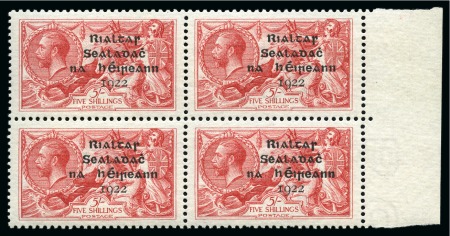 Stamp of Ireland » 1922 (Feb) Dollard Overprints (T1-T14) 5s rose red, mint nh right sheet marginal block of four, showing "Short third line" on top right stamp
