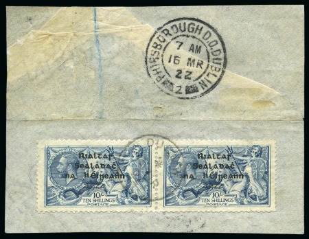 Stamp of Ireland » 1922 (Feb) Dollard Overprints (T1-T14) 10s grey-blue, used, horizontal pair, showing "Major Retouch" neatly tied on large fragment