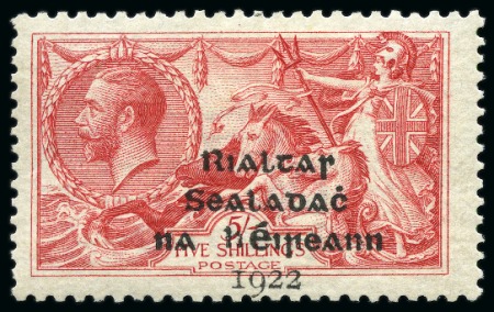 Stamp of Ireland » 1922 (Feb) Dollard Overprints (T1-T14) 5s rose-red, mint slightly hinged single, showing variety "overprint at bottom"