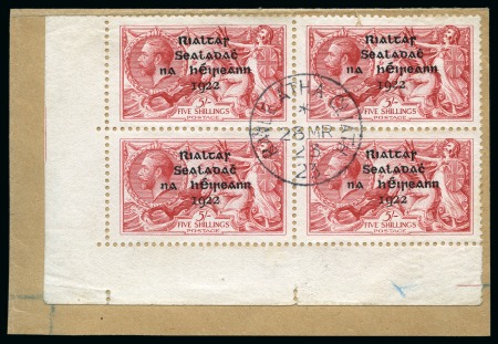 Stamp of Ireland » 1922 (Jul-Nov) Thom Overprints (T25-T41) 5s pale rose red, used, bottom left corner sheet marginal block of four