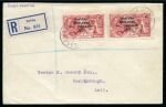 Stamp of Ireland » 1922 (Jul-Nov) Thom Overprints (T25-T41) 5s pale rose red, used horizontal pair, left stamp showing "R over S" variety, tied to registered cover