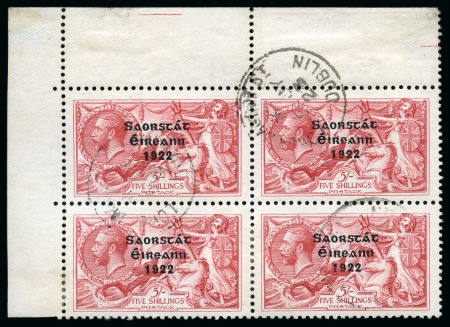Stamp of Ireland » 1922-23 Thom Three-Line Overprints (T47-T61) 5s rose red, used, top left corner sheet marginal block of four