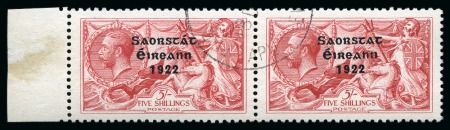 Stamp of Ireland » 1922-23 Thom Three-Line Overprints (T47-T61) 5s rose red, used, left sheet marginal horizontal pair, showing right stamp with "MISSING ACCENT" variety