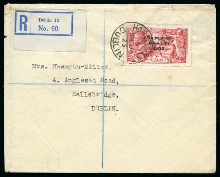 Stamp of Ireland » 1922-23 Thom Three-Line Overprints (T47-T61) 5s rose red, used single, showing "MISSING ACCENT" variety, neatly tied to registered envelope