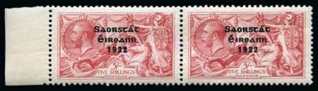Stamp of Ireland » 1922-23 Thom Three-Line Overprints (T47-T61) 5s rose red, mint, left sheet marginal horizontal pair, showing unusual overprint offset