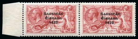 Stamp of Ireland » 1922-23 Thom Three-Line Overprints (T47-T61) 5s rose red, mint practically nh, left sheet marginal horizontal pair, showing right stamp with "S over E" variety