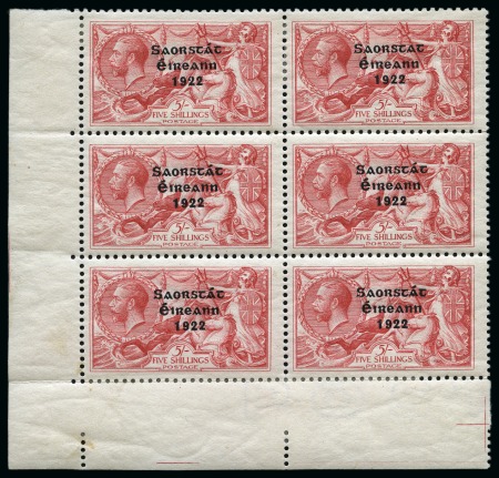 Stamp of Ireland » 1922-23 Thom Three-Line Overprints (T47-T61) 5s rose red, mint and mint nh, bottom left corner sheet marginal block of six showing varieties