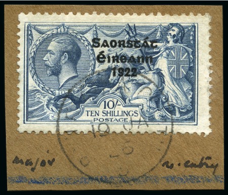Stamp of Ireland » 1925 Narrow Date Overprints (T66-T68) 10s dull grey-blue, used single tied to fragment showing "RUNNALS RE-ENTRY" variety
