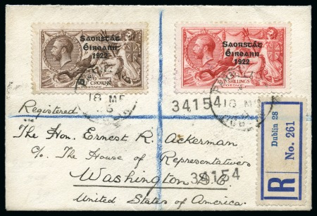 Stamp of Ireland » 1925 Narrow Date Overprints (T66-T68) 2s6d to 10s complete set, neatly tied by clear "PARNELL ST/18.MR.26/DUBLIN" cds on two small neat registered cover