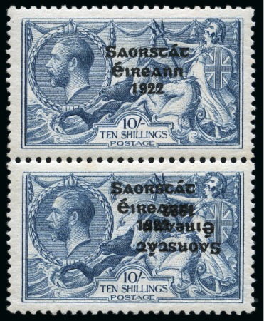 Stamp of Ireland » 1925 Narrow Date Overprints (T66-T68) 10s dull grey blue, mint vertical pair showing the very rare "OVERPRINT DOUBLE, ONE INVERTED"