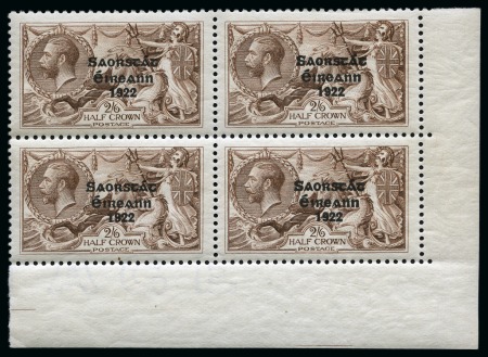 Stamp of Ireland » 1925 Narrow Date Overprints (T66-T68) 2s6d chocolate brown, mint and mint nh, bottom right corner sheet marginal block of four