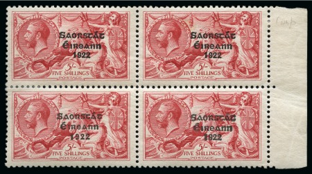 Stamp of Ireland » 1927 Composite Dates Overprints (T69-T71) 5s rose, mint, right sheet marginal block of four showing all narrow dates except lower left stamp